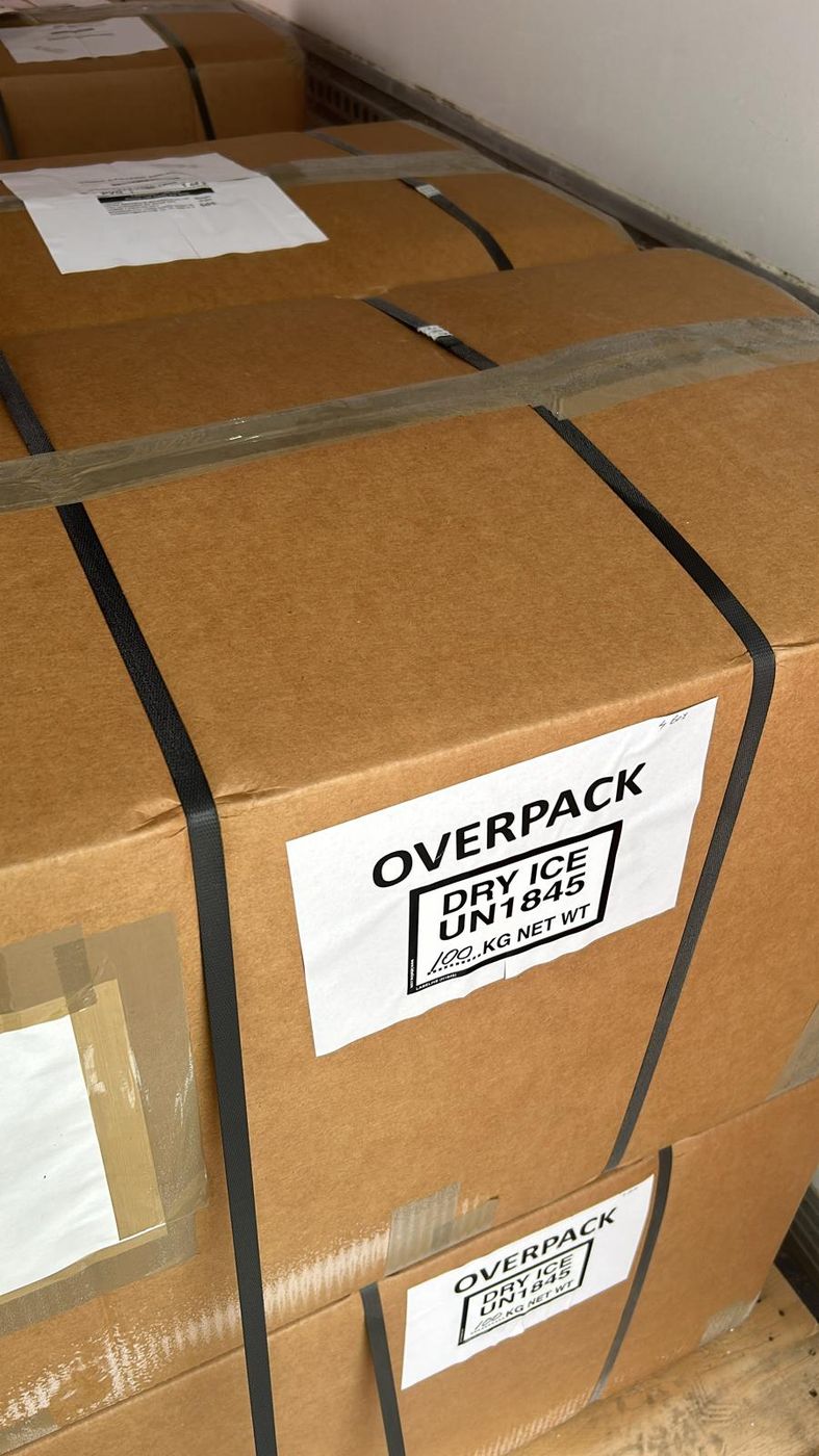 Commercial cargo packed with dry ice and labelled UN1845 overpack